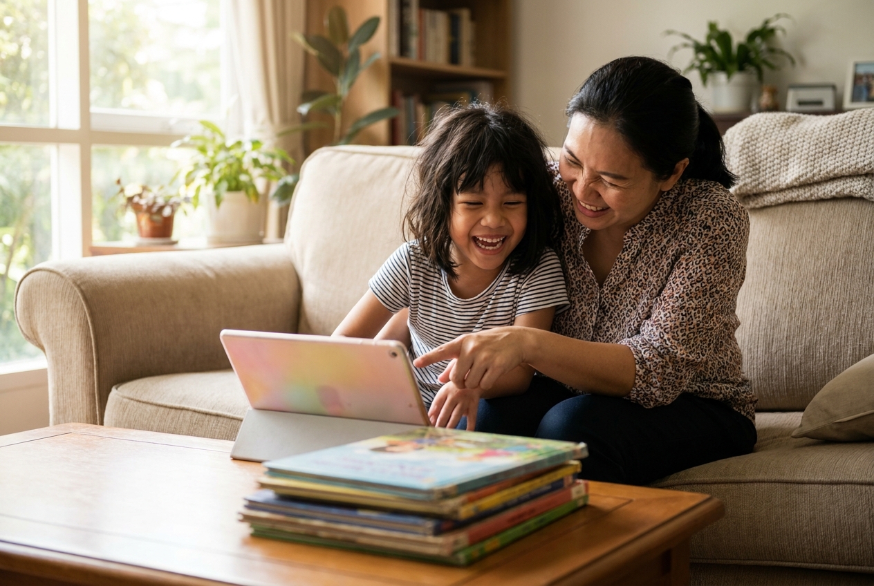 A child and her mother enjoying a Thai lesson on a tablet