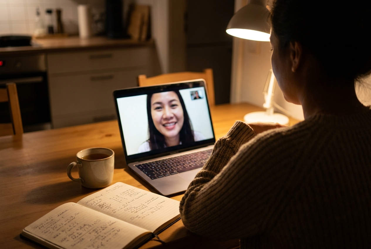 A student taking an online Thai lesson at her kitchen table