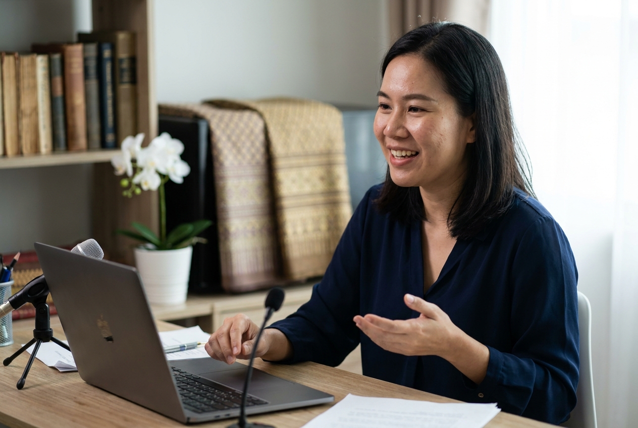 A Thai teacher giving an online lesson from her home studio